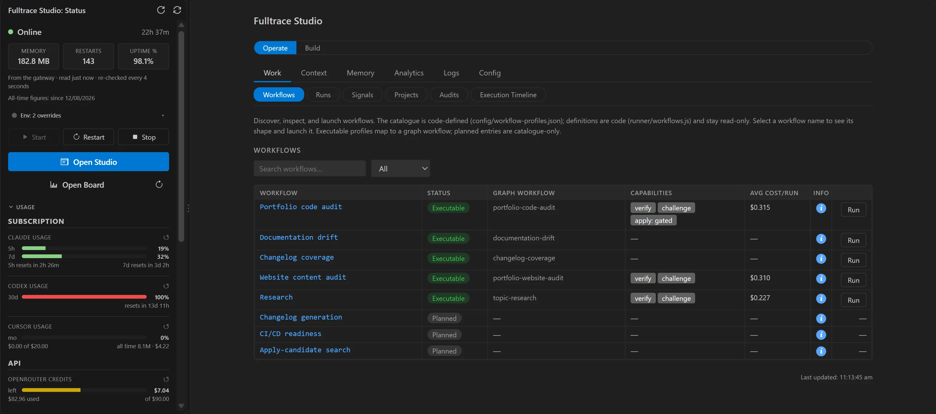 Fulltrace Studio in the code editor: the sidebar with the system's health and usage limits, and Studio open beside it on Operate > Work, the workflow catalogue.